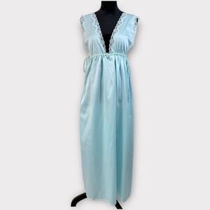 Vintage Victoria's Secret Gold Label Long Satin Nightgown Size M Icy Blue Plunge